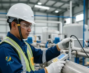 Teknisi Indonesia menggunakan alat PCE-5000 untuk mengukur kekerasan pipa logam di fasilitas industri