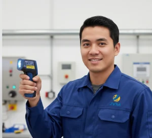 Teknisi Indonesia mengukur suhu panel listrik menggunakan infrared thermometer PCE-779N di lingkungan industri