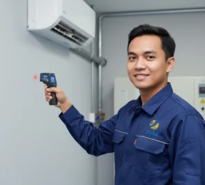 Teknisi Indonesia menggunakan infrared thermometer PCE-779N untuk mengukur suhu panel listrik di lingkungan industri dengan laser penunjuk aktif