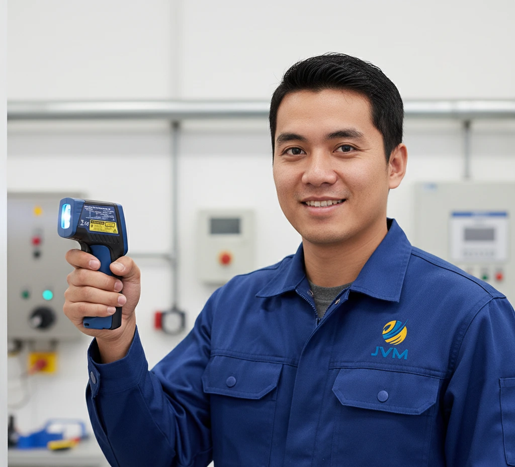 Teknisi Indonesia mengukur suhu panel listrik menggunakan infrared thermometer PCE-779N di lingkungan industri