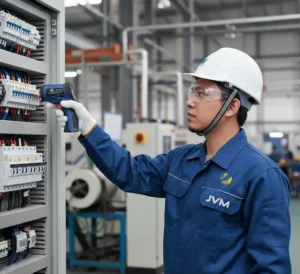 Teknisi Indonesia menggunakan infrared thermometer untuk mengukur suhu panel listrik di lingkungan industri