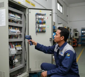 Teknisi Indonesia mengukur suhu panel listrik menggunakan infrared thermometer non contact di area industri