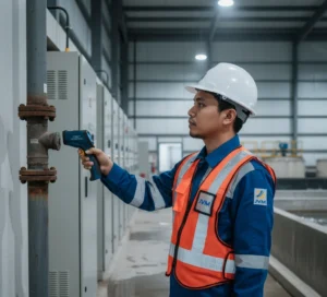 Teknisi Indonesia menggunakan pyrometer PCE-893 untuk mengukur suhu pipa di instalasi industri