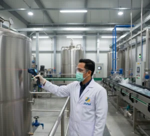 Teknisi Indonesia menggunakan pyrometer PCE-893 untuk mengukur suhu tangki industri secara non-kontak