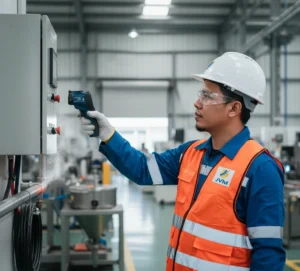 Seorang teknisi Indonesia menggunakan PCE-894 infrared thermometer untuk mengukur suhu permukaan panel listrik dan pipa proses di area maintenance pabrik, sebagai bagian dari inspeksi kondisi peralatan dan deteksi titik panas.