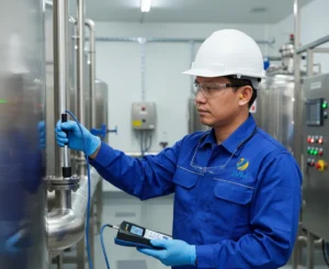 Teknisi Indonesia menggunakan alat PCE-900 untuk mengukur kekerasan pipa logam di fasilitas industri