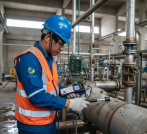 Teknisi Indonesia menggunakan hardness tester portabel pada pipa logam di fasilitas industri