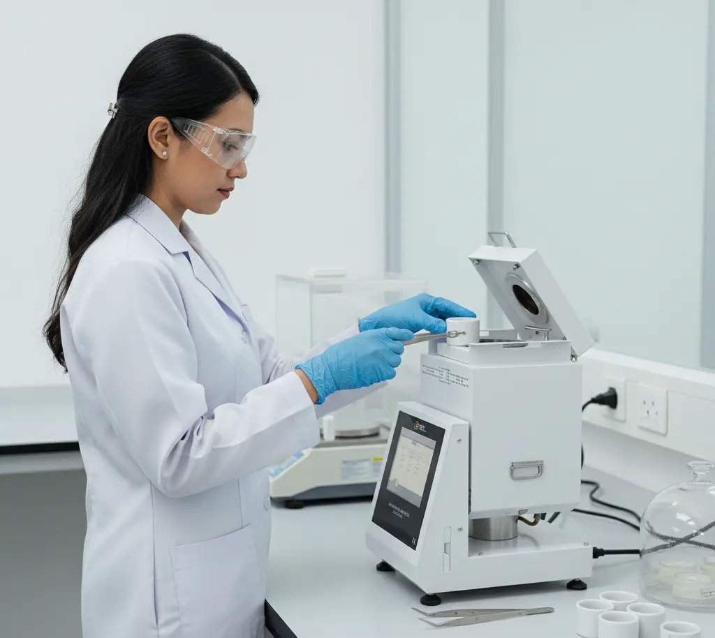 Analis laboratorium Indonesia menggunakan Ash Content Analyzer/Incinerator PCE-ACA 50 dengan layar sentuh 8 inci saat memasukkan crucible keramik untuk uji kadar abu plastik.