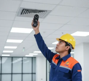 Engineer Indonesia sedang menggunakan PCE-AM 30 climate meter untuk mengukur kecepatan angin pada diffuser sistem HVAC di plafon gedung perkantoran.