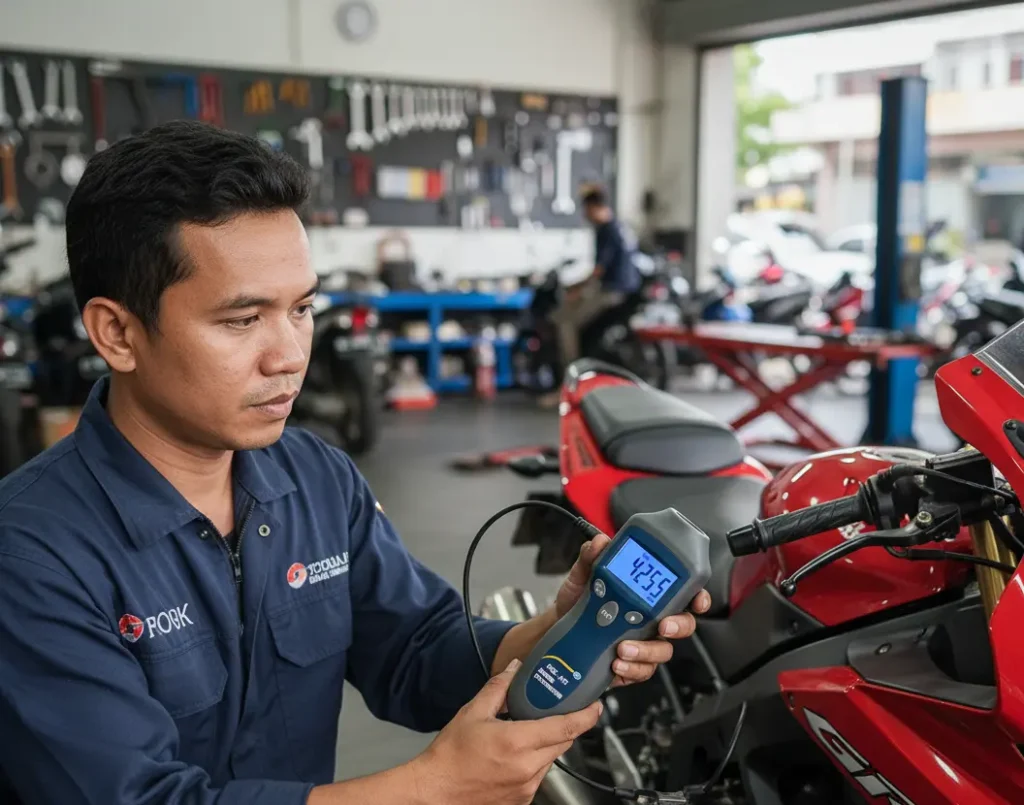 Teknisi Indonesia mengukur RPM genset menggunakan tachometer genggam PCE-AT 5 dengan klip induktif pada kabel pengapian di ruang genset yang redup.