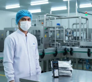 Petugas QA/QC Indonesia menggunakan ATP tester PCE-ATP 1 KIT untuk mengukur kebersihan permukaan di area produksi minuman dengan tabung swab ATP.