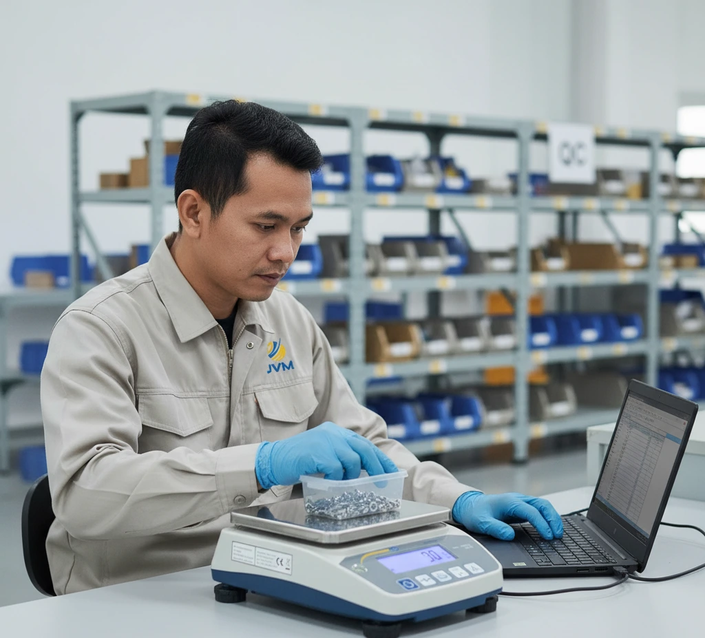 Foto teknisi QC Indonesia menggunakan timbangan benchtop PCE-BSH 10000-ICA di meja inspeksi untuk menimbang dan menghitung komponen kecil, terhubung ke laptop melalui USB dengan layar timbangan menyala.