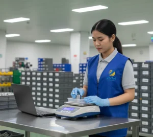 Seorang teknisi QC Indonesia menimbang komponen dalam wadah menggunakan benchtop scale PCE-BSH 6000 di meja inspeksi yang stabil, dengan display backlight menyala dan laptop terhubung via USB untuk pencatatan hasil penimbangan; suasana area produksi rapi dengan tray komponen dan label lot yang mendukung keterlacakan proses quality control.