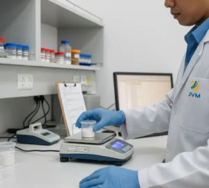 Foto teknisi QC Indonesia menimbang sampel dalam wadah kecil menggunakan benchtop scale PCE-BSH 6000-ICA di meja laboratorium, dengan layar timbangan menyala dan perlengkapan pencatatan data di latar belakang.