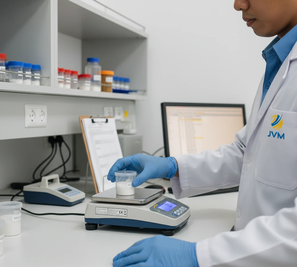 Foto teknisi QC Indonesia menimbang sampel dalam wadah kecil menggunakan benchtop scale PCE-BSH 6000-ICA di meja laboratorium, dengan layar timbangan menyala dan perlengkapan pencatatan data di latar belakang.