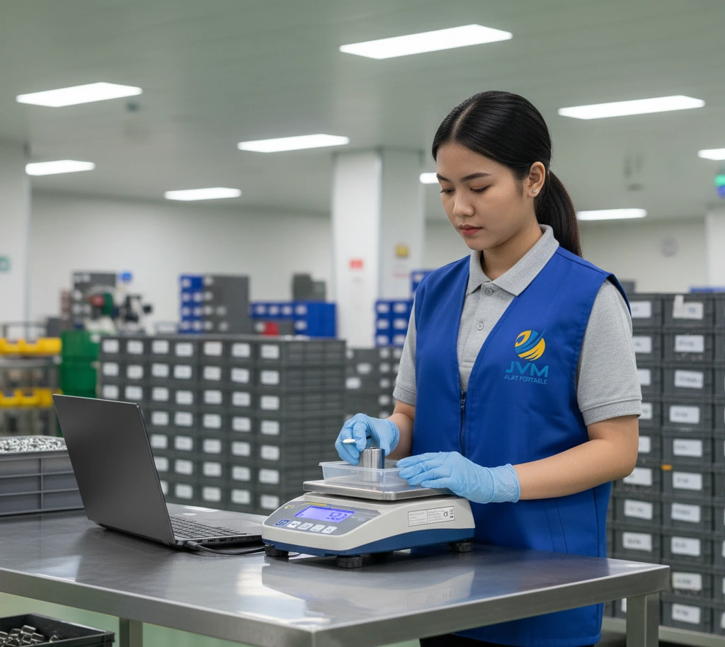 Seorang teknisi QC Indonesia menimbang komponen dalam wadah menggunakan benchtop scale PCE-BSH 6000 di meja inspeksi yang stabil, dengan display backlight menyala dan laptop terhubung via USB untuk pencatatan hasil penimbangan; suasana area produksi rapi dengan tray komponen dan label lot yang mendukung keterlacakan proses quality control.