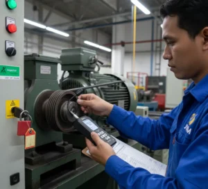 Teknisi maintenance Indonesia mengukur ketegangan V-belt pada sistem motor-pulley yang dimatikan menggunakan PCE-BTM 2000A-ICA dengan sensor gooseneck dan tampilan Hz di layar.