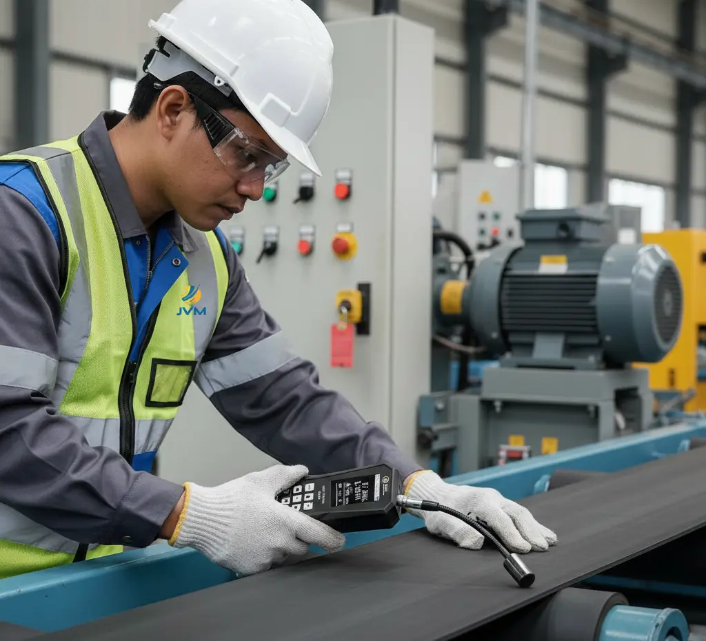 Teknisi Indonesia menggunakan PCE-BTM 2000A untuk mengukur frekuensi ketegangan belt pada conveyor yang dimatikan, sensor gooseneck diarahkan sejajar belt dan layar menampilkan nilai Hz.