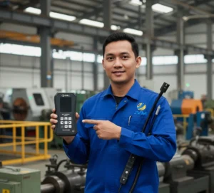 Foto menampilkan teknisi Indonesia di lingkungan pabrik sedang melakukan pengukuran ketegangan belt pada sistem conveyor yang dimatikan dan diamankan.