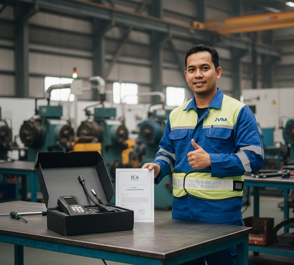 Teknisi Indonesia menggunakan PCE-BTM 2000L-ICA untuk mengukur ketegangan V-belt pada motor dan pulley mesin industri dalam kondisi aman (belt berhenti) di area maintenance pabrik.