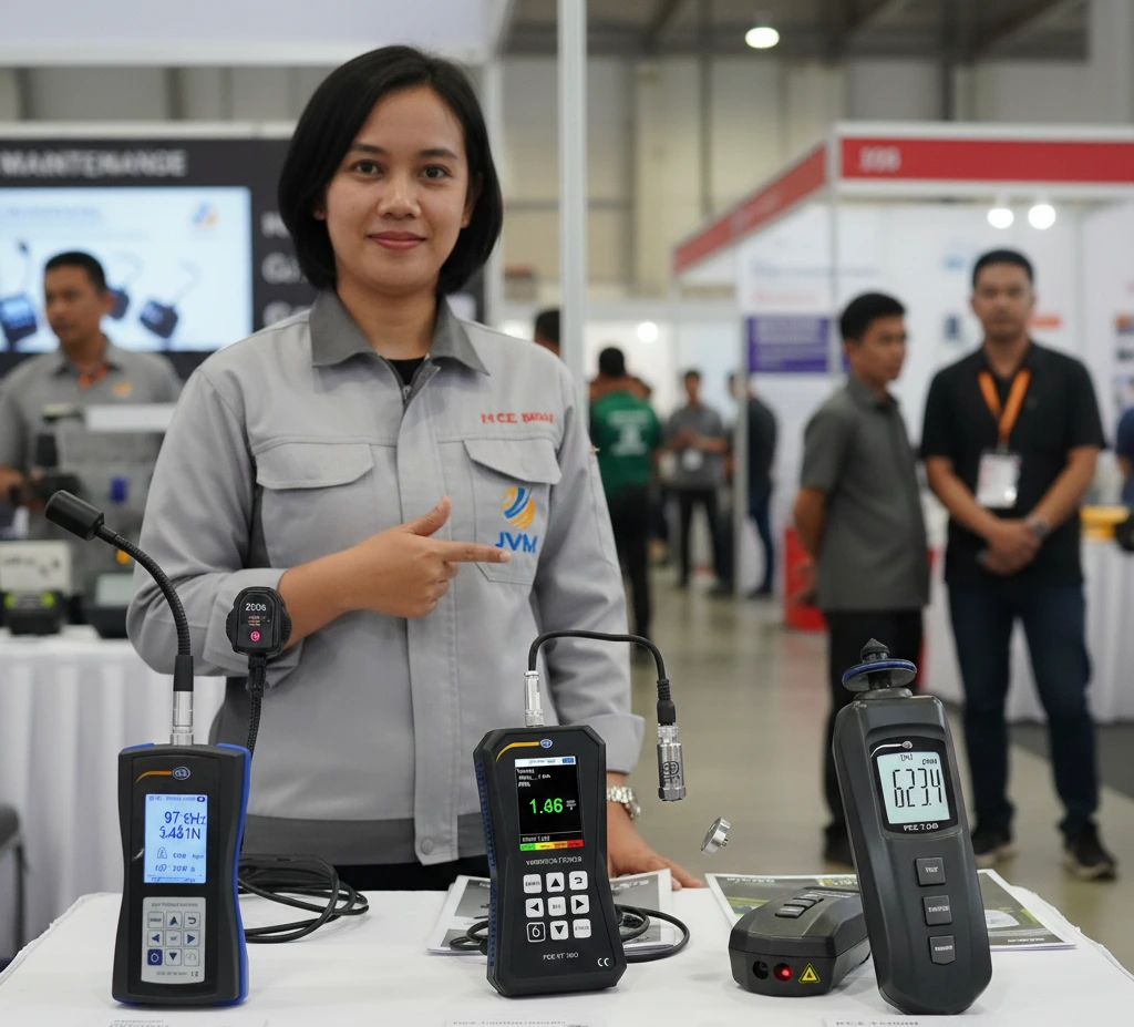 Teknisi maintenance Indonesia mengukur tegangan belt conveyor dengan PCE-BTM 2000 menggunakan sensor gooseneck pada belt yang diam dan terkunci (LOTO), layar menampilkan frekuensi Hz.