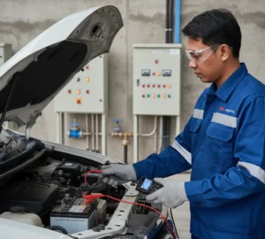 Teknisi Indonesia menggunakan PCE-CBA 10 untuk menguji aki starter 12V pada kendaraan operasional di area instalasi pengolahan air, dengan kabel penjepit terhubung ke terminal aki dan layar LCD alat terlihat jelas.