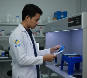 Seorang teknisi laboratorium Indonesia memeriksa kesesuaian warna sampel material menggunakan color matching cabinet dengan berbagai sumber pencahayaan standar di ruang quality control industri.