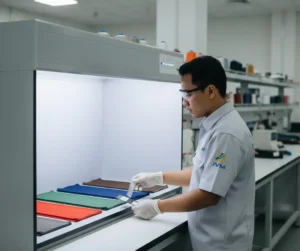 Teknisi quality control Indonesia sedang memeriksa warna sampel material menggunakan color matching cabinet di laboratorium industri dengan berbagai sumber cahaya standar.