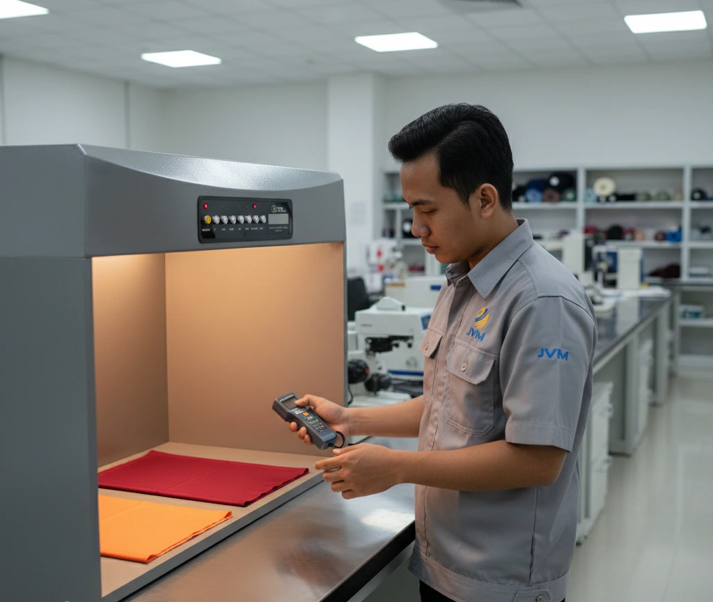 Seorang teknisi quality control Indonesia sedang memeriksa perbedaan warna sampel kain menggunakan color matching cabinet di laboratorium industri dengan pencahayaan standar untuk evaluasi warna produk.