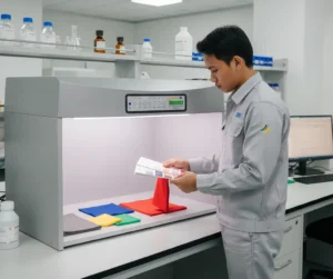 Teknisi laboratorium Indonesia sedang memeriksa perbandingan warna material menggunakan color matching cabinet di ruang quality control dengan beberapa sumber cahaya standar industri.