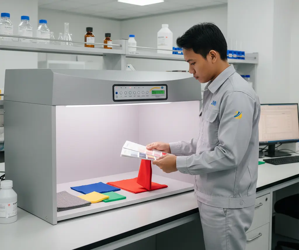Teknisi laboratorium Indonesia sedang memeriksa perbandingan warna material menggunakan color matching cabinet di ruang quality control dengan beberapa sumber cahaya standar industri.