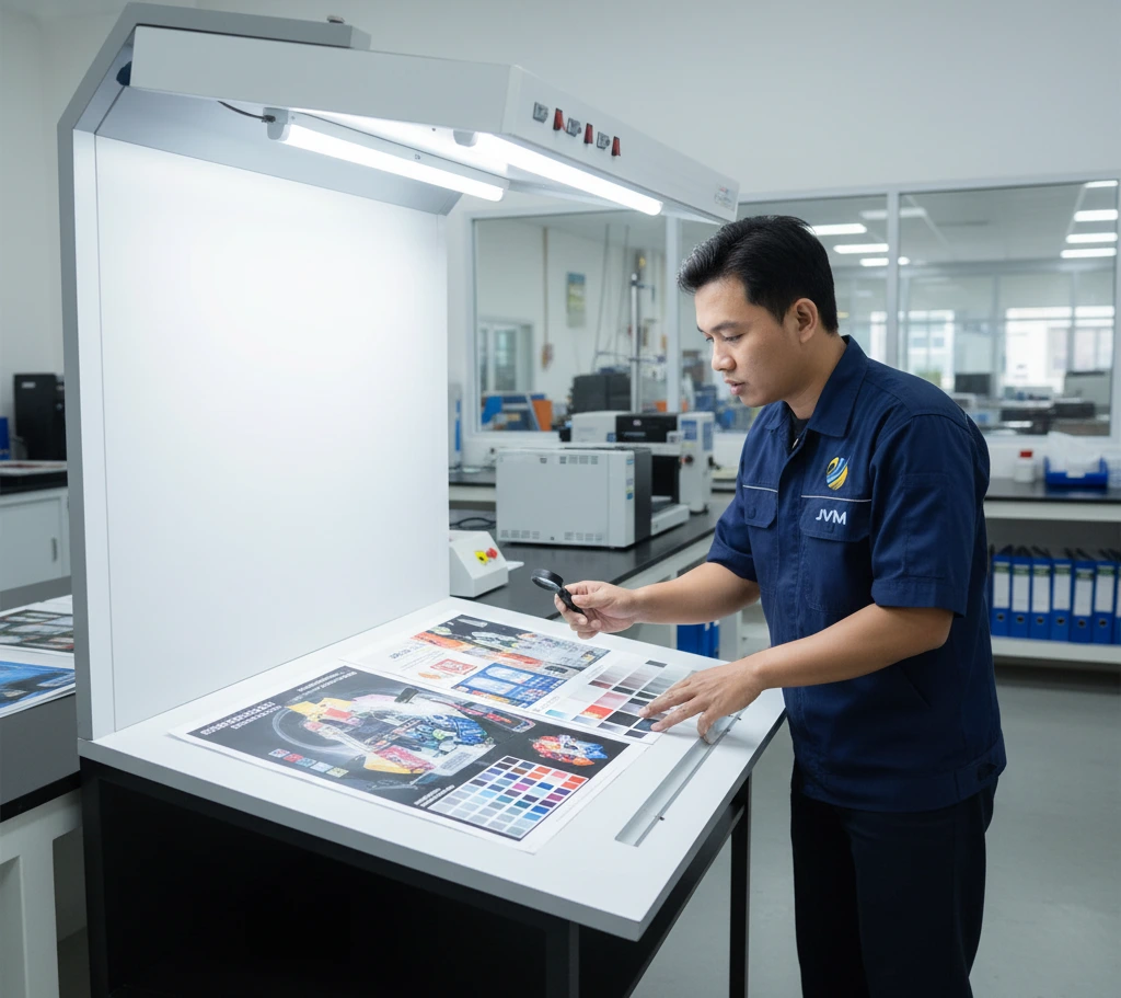 Seorang teknisi Indonesia melakukan evaluasi warna menggunakan color matching cabinet di laboratorium kontrol kualitas percetakan dengan pencahayaan standar untuk membandingkan warna sampel cetak.