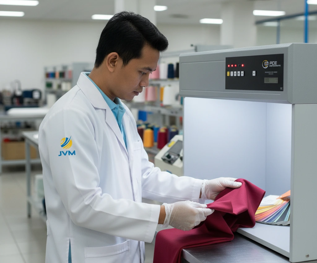 Seorang teknisi laboratorium Indonesia menggunakan color matching cabinet untuk membandingkan warna sampel kain dengan referensi di bawah pencahayaan standar di ruang quality control.
