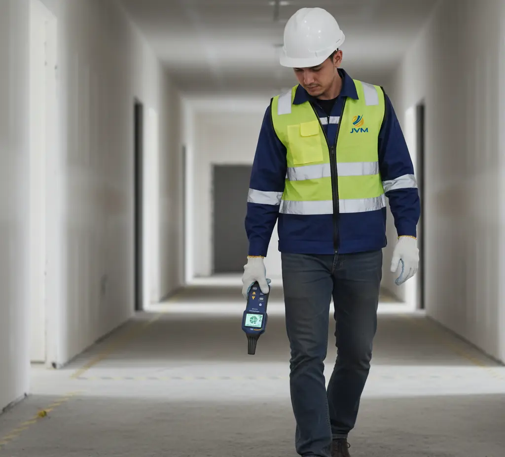 Teknisi MEP Indonesia menggunakan receiver PCE-CL 20 untuk melacak jalur kabel tersembunyi pada dinding koridor gedung lama sebelum pengeboran, dengan transmitter terhubung melalui test lead dan grounding rod di area kerja yang sudah diberi marking.