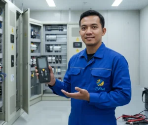 Teknisi listrik menggunakan Cable Fault Meter PCE-CLT 10 untuk mengukur panjang kabel di ruang panel.