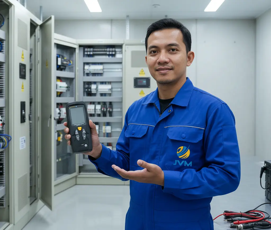 Teknisi listrik menggunakan Cable Fault Meter PCE-CLT 10 untuk mengukur panjang kabel di ruang panel.