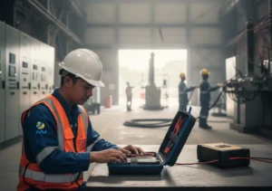 Teknisi listrik Indonesia sedang menggunakan Cable Length Tester PCE-CLT 100 untuk mengukur gulungan kabel di gudang logistik konstruksi.