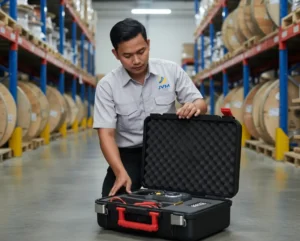 Teknisi listrik menggunakan PCE-CLT 20 untuk mengukur panjang kabel pada gulungan drum kayu di gudang logistik.