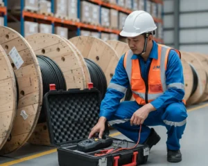 Teknisi gudang menggunakan Cable Length Tester PCE-CLT 20 untuk mengukur sisa kabel pada drum kayu tanpa membuka gulungan.