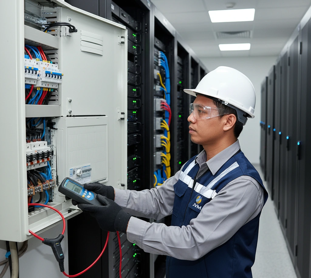 Teknisi Indonesia mengukur arus listrik panel data center menggunakan clamp meter fleksibel PCE-CM 40 dengan Rogowski coil.