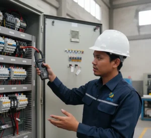 Teknisi Indonesia menggunakan clamp meter PCE-CM 7 untuk pengukuran arus pada panel listrik gedung.