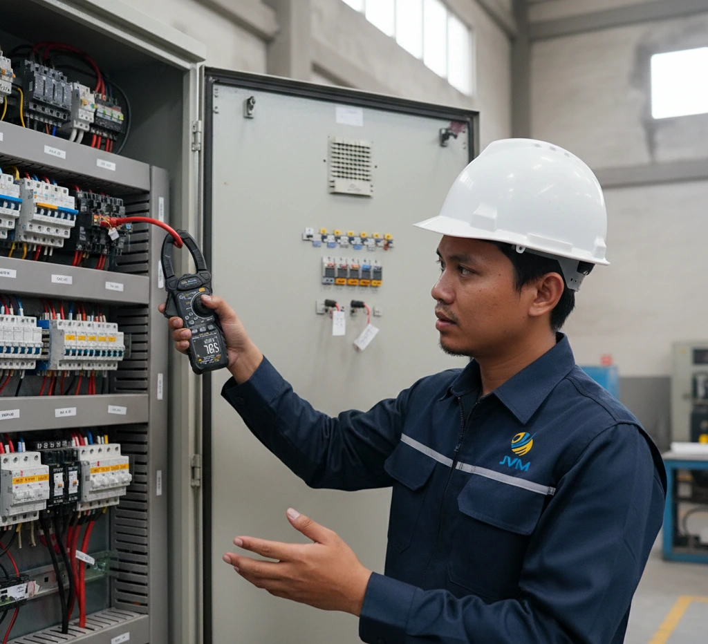 Teknisi Indonesia menggunakan clamp meter PCE-CM 7 untuk pengukuran arus pada panel listrik gedung.