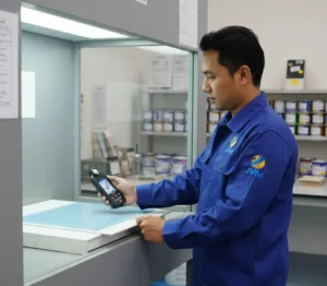 Engineer QC Indonesia memegang chroma meter PCE-CRM 40 di dalam booth inspeksi warna cat, mengukur cahaya lampu LED di atas panel uji untuk memastikan intensitas lux dan suhu warna konsisten.