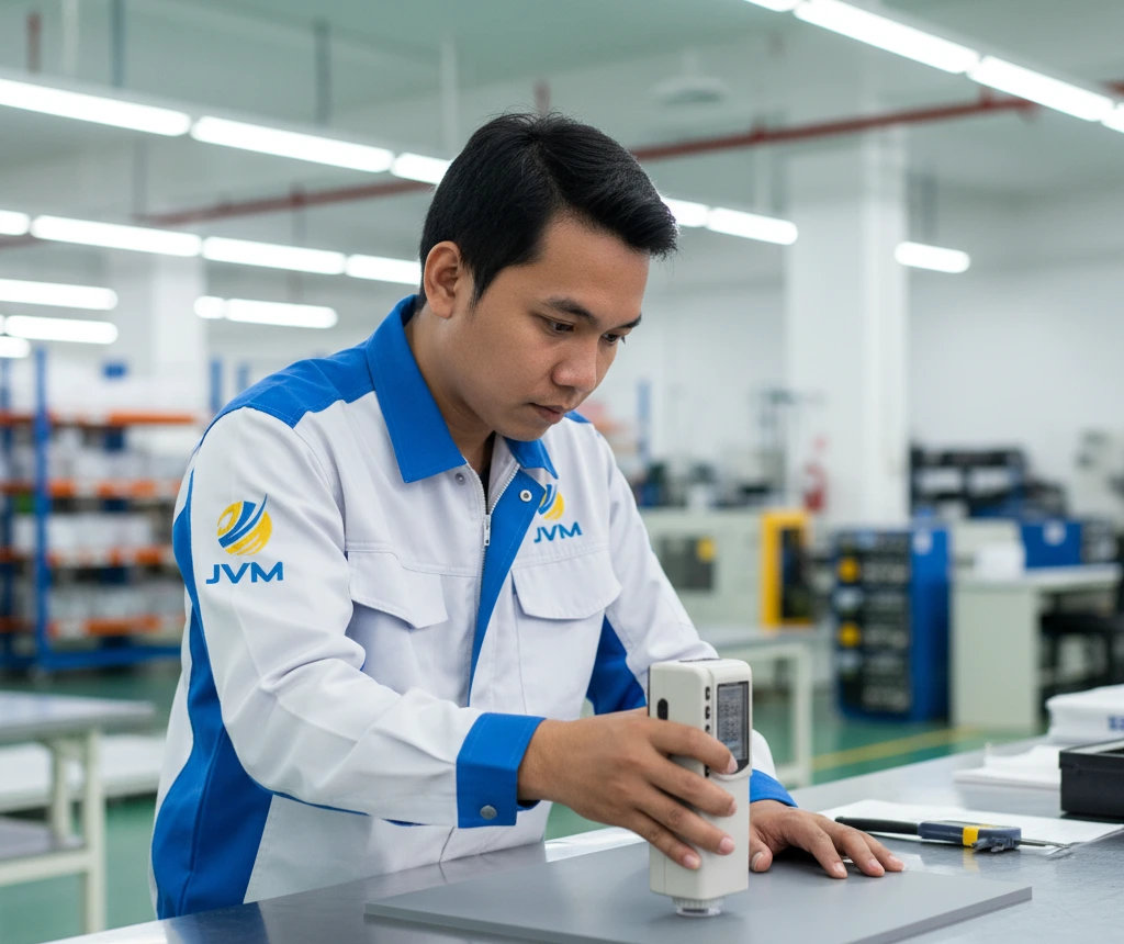 Teknisi QC Indonesia menggunakan colorimeter PCE-CSM 1 untuk mengukur warna produk plastik di area produksi pabrik dengan posisi alat tegak lurus pada permukaan sampel.