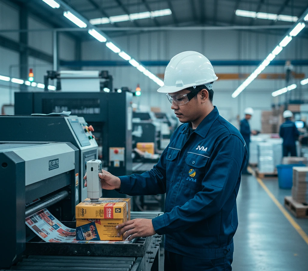 Teknisi Indonesia menggunakan colorimeter PCE-CSM 1-ICA untuk mengukur warna kemasan karton di area produksi pabrik kemasan.