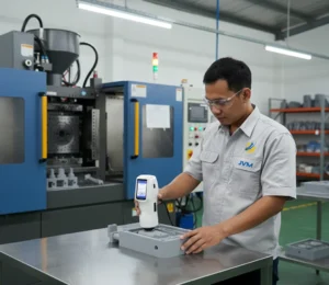 Teknisi Indonesia mengukur warna komponen plastik menggunakan colorimeter PCE-CSM 10 di area produksi injection molding.