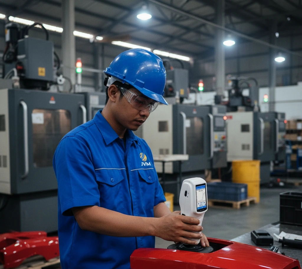 Teknisi QC Indonesia menggunakan colorimeter portabel pada produk plastik di area produksi dengan mesin injection molding di belakangnya.