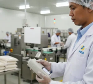 Seorang teknisi Indonesia menggunakan color meter portabel untuk mengukur warna produk makanan di meja inspeksi laboratorium kontrol kualitas industri.