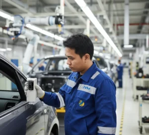 Teknisi quality control Indonesia menggunakan colorimeter portabel pada panel dashboard mobil di lini produksi otomotif untuk pengukuran warna.