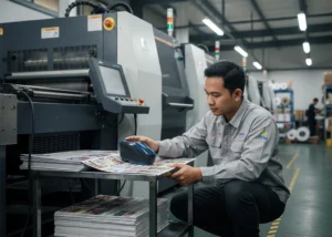 Teknisi percetakan Indonesia menggunakan colorimeter PCE-CSM 20 untuk mengukur warna hasil cetak pada karton kemasan di area produksi mesin offset.